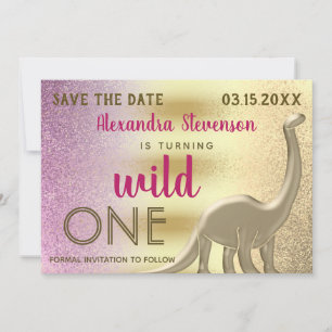 Wild Ein Glitzer Pink & Gold Dinosaur 1. Geburtsta Save The Date