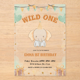 Wild ein Niedlicher Elefant 1. Geburtstag Einladun Acryleinladungen
