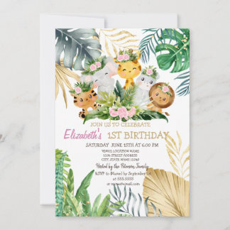 Wild ein Tier Blume Tropical 1. Geburtstag Einladung