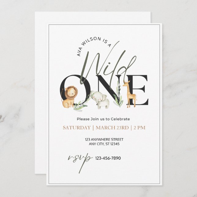 Wild ein Wasserfarbtier zum ersten Geburtstag Einladung (Vorne/Hinten)