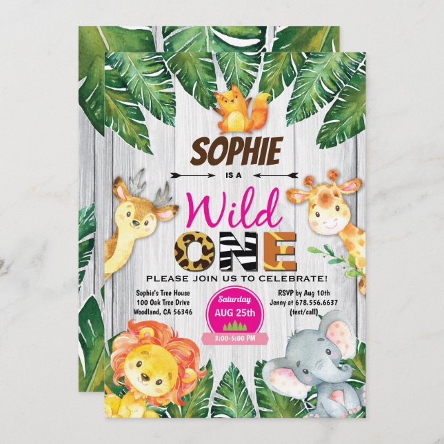 Wild Einladung zum Geburtstag. Girl-Dschungelsafar (Vorne/Hinten)
