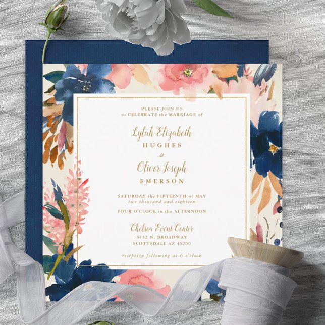 Wild Elegance | Navy Blush & Gold Square Wedding I Einladung (Von Creator hochgeladen)