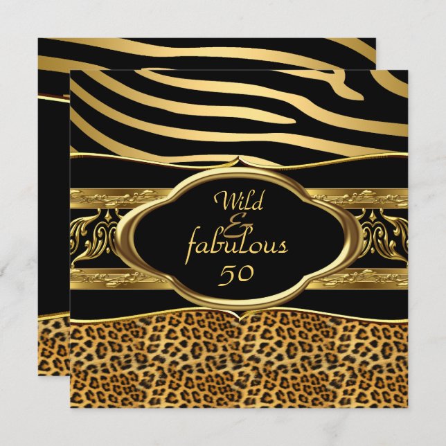 Wild Fabulous Zebra Leopard Black Gold Geburtstag  Einladung (Vorne/Hinten)