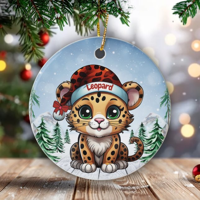 Wild Feline Lovers Woodland Wildlife Kitten 🐆🐈🐾 Keramik Ornament (Custom Name Leopard Christmas Ornament Personalizable Cat Xmas Decor Kitty Holiday Decoration 🐆🎄)