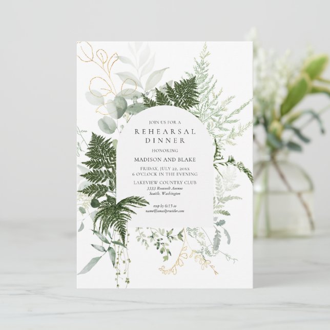 Wild Fern Greenerity White Wedding Probe Dinner Einladung (Stehend Vorderseite)