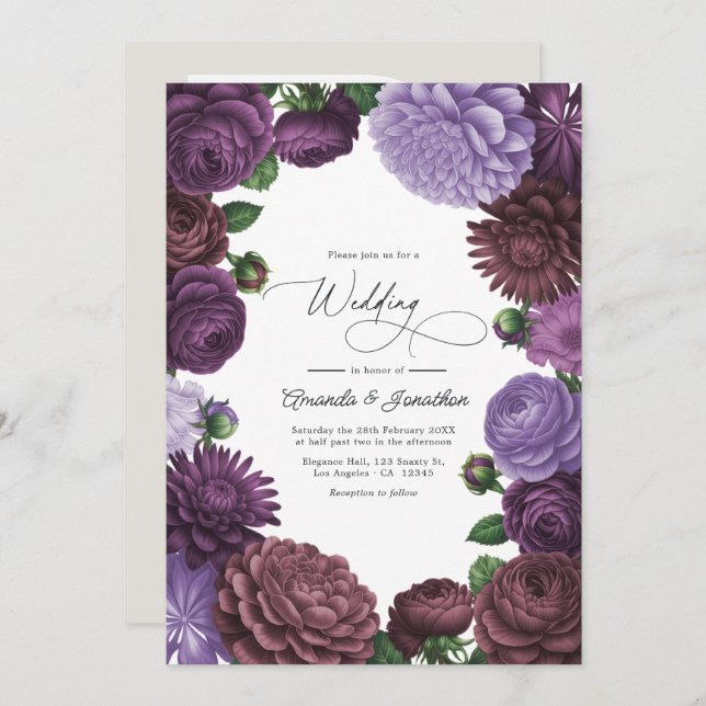 Wild Fig, Cocoa Rose & Soft Lavender Wedding Einladung (Vorne/Hinten)