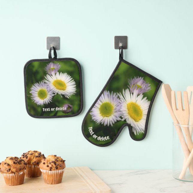 Wild Fleabane Daisy Blume Natur Personalisiert Ofenhandschuh & Topflappen-Set (Insitu (Hängend))