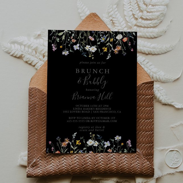 Wild floral Black Brunch Bubbly Brautparty Einladung (Von Creator hochgeladen)