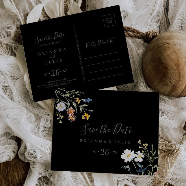 Wild floral Black Horizontal Save the Date Postkarte (Von Creator hochgeladen)