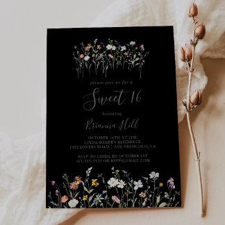 Wild Floral Black Sweet 16 Geburtstagsparty Einladung