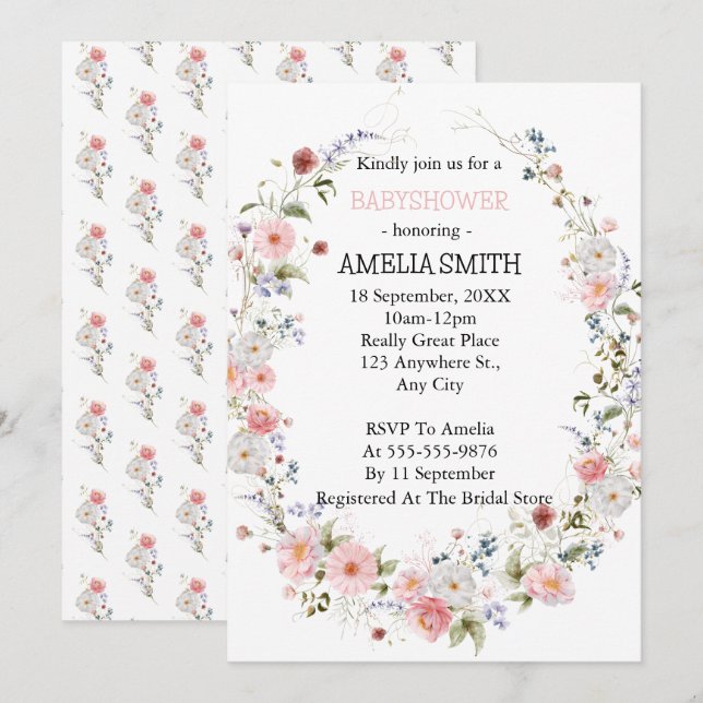 Wild Floral Bouquet Babydusche Einladung (Vorne/Hinten)