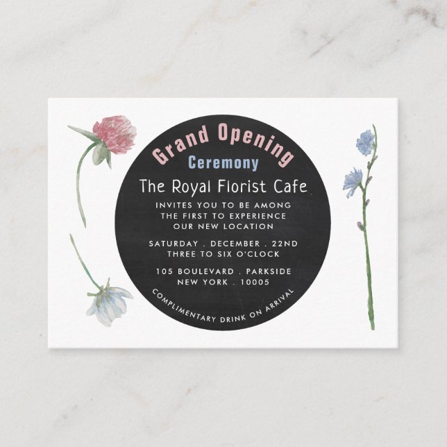 Wild floral Chalkboard Grand Opening Ceremony Card Begleitkarte (Vorderseite)