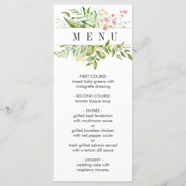 Wild florale Green Foliage Wedding Menu Menükarte (Vorderseite)