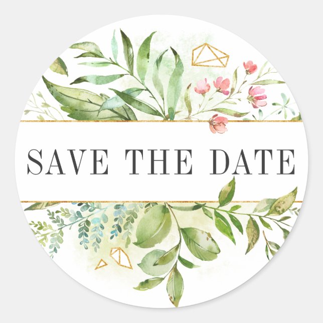 Wild florale grüne Foliage Wasserfarbe Save the Da Runder Aufkleber (Vorderseite)