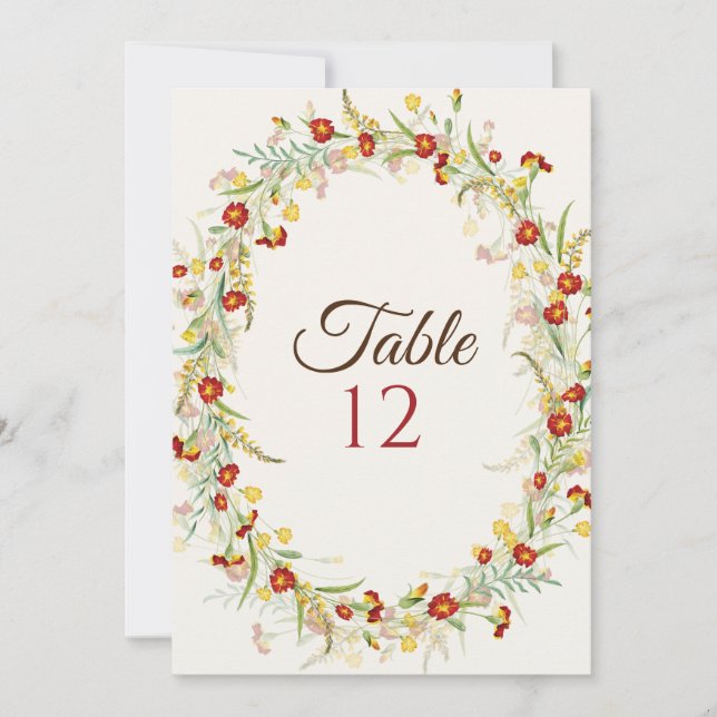 Wild Flower Marigold Foliage Wedding Table Number Einladung (Vorderseite)