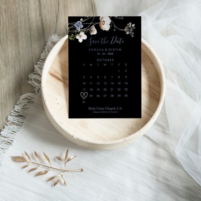 Wild Forest Floral Black Save the Date Calendar (Von Creator hochgeladen)