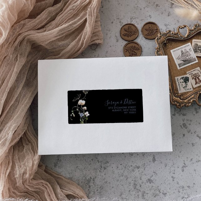 Wild Forest Floral Black Wedding RSVP-Adresse Adressaufkleber (Von Creator hochgeladen)