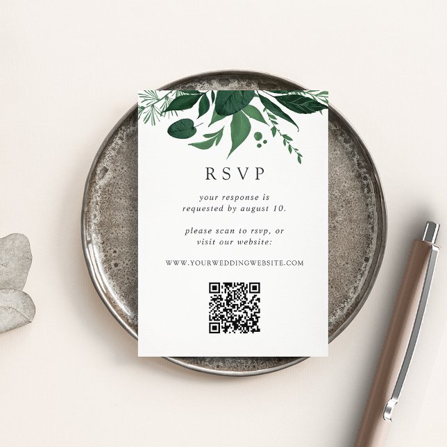Wild Forest Green Botanical QR Code Wedding RSVP Begleitkarte (Von Creator hochgeladen)