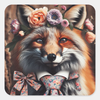Wild fox wearing a tie cute  quadratischer aufkleber
