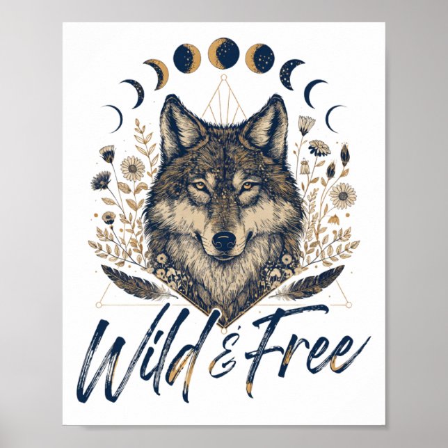 Wild & Free" Boho Wolf Poster (Vorne)