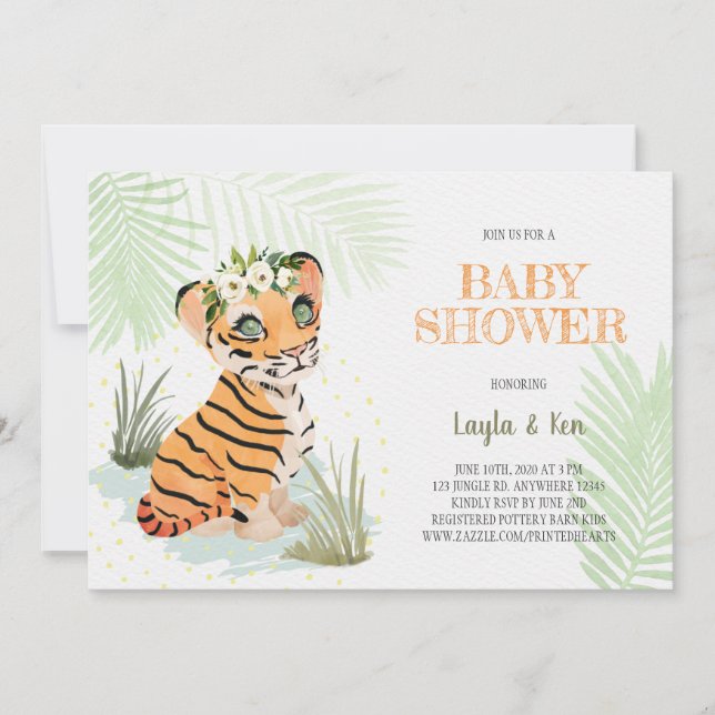 Wild & Free - Floral Tiger Baby Shower Einladung (Vorderseite)
