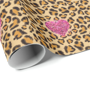 Wild funkelnde rosa Herzen und Leopard-Druck Geschenkpapier