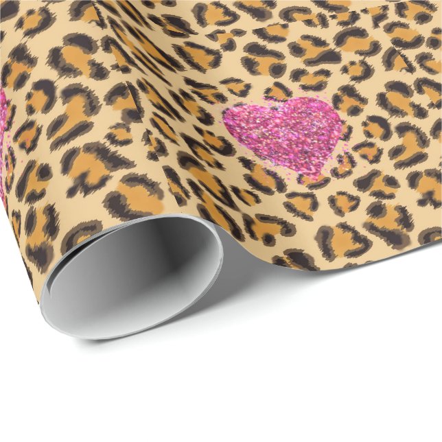 Wild funkelnde rosa Herzen und Leopard-Druck Geschenkpapier (Rolleneckpunkt)