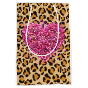 Wild funkelnde rosa Herzen und Leopard-Druck Mittlere Geschenktüte