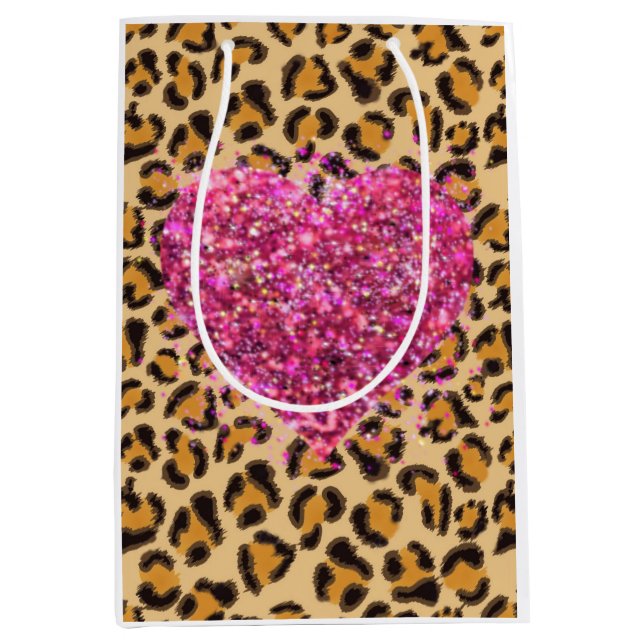 Wild funkelnde rosa Herzen und Leopard-Druck Mittlere Geschenktüte (Vorderseite)
