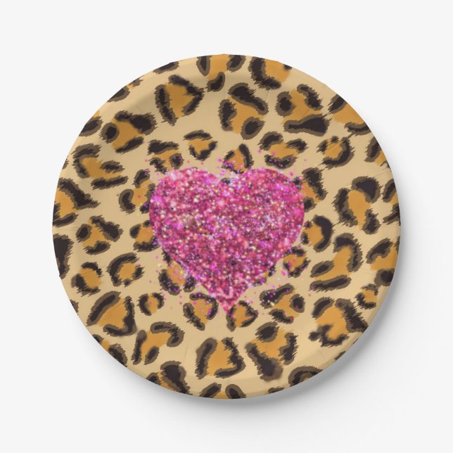 Wild funkelnde rosa Herzen und Leopard-Druck Pappteller (Vorderseite)