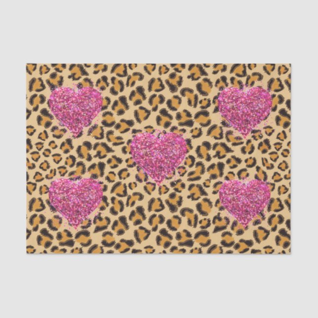 Wild funkelnde rosa Herzen und Leopard-Druck Seidenpapier (Vorderseite)