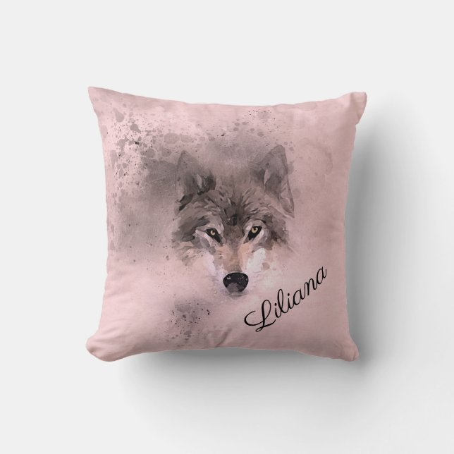 Wild Gray Wolf in Pink Kissen (Vorderseite)