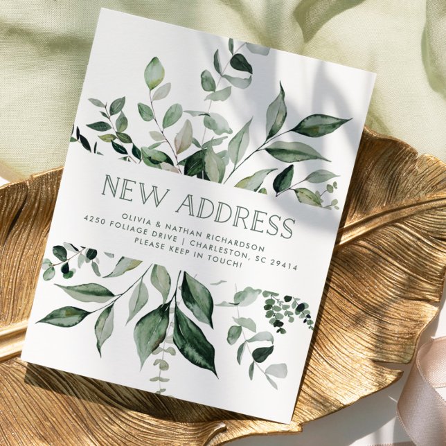 Wild Greenery | Ankündigung der Beförderung Postkarte (A stylish change of address card with watercolor greenery)