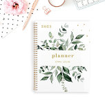 Wild Greenery | Elegant White Planer<br><div class="desc">Dieser stilvolle botanische 2023-Planer besticht durch eine Fülle von Aquarellgrün-Blätter auf weißem Hintergrund mit trendigem,  goldfarbenem Text und Akzenten.</div>