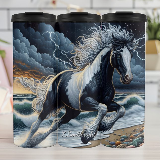 Wild Horse Galloping Stormy Beach Thermosbecher (Von Creator hochgeladen)