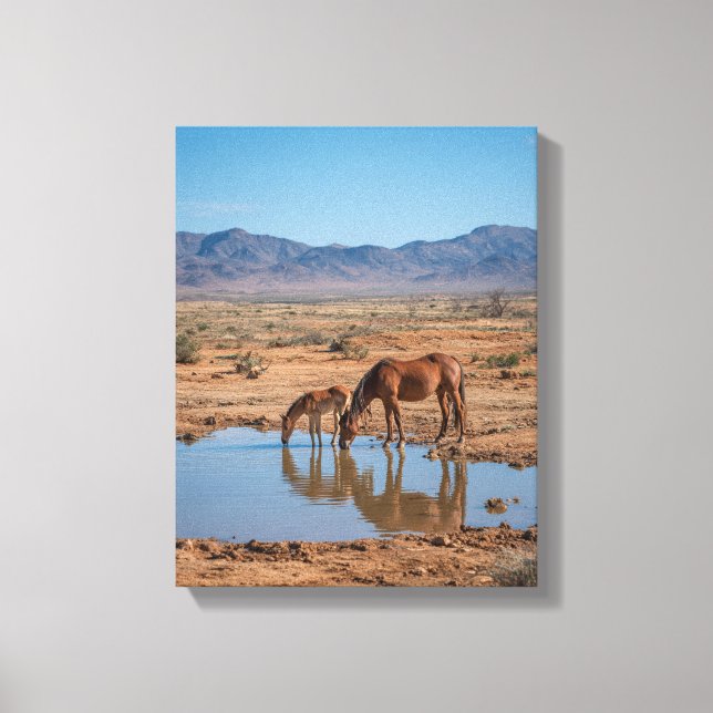 Wild Horses Desert Water Reflection Art Leinwanddruck (Vorderseite)