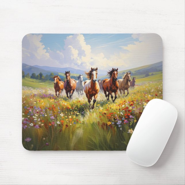 Wild Horses Running in a Wildflower Meadow Mousepad (Mit Mouse)