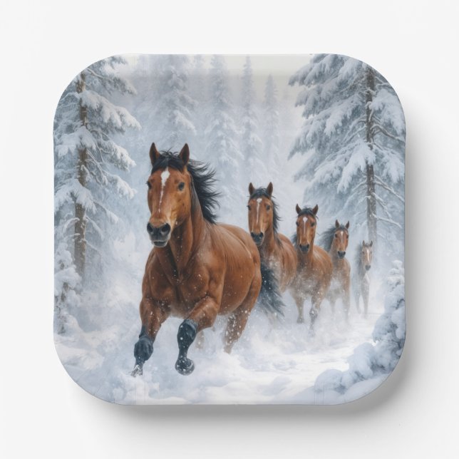Wild Horses Running Through a Snowy Forest Pappteller (Vorderseite)