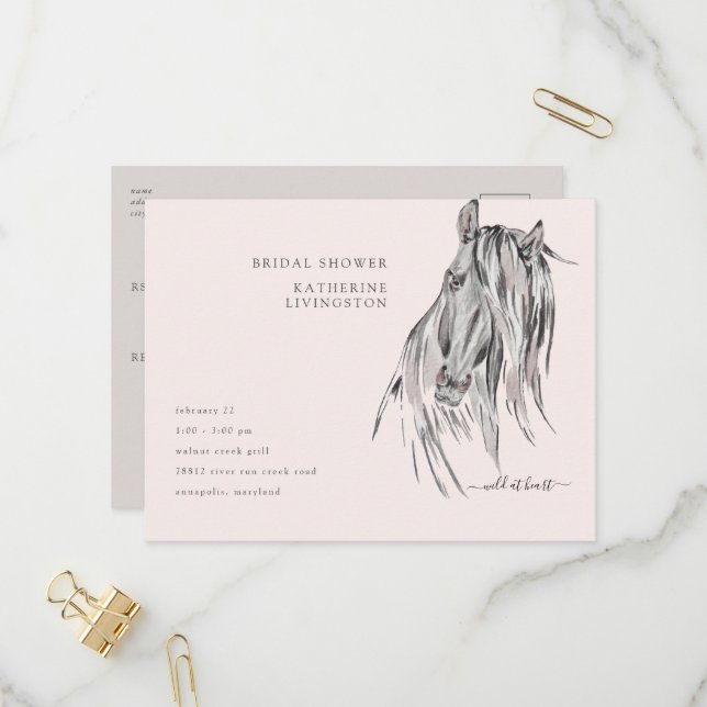 Wild im Heart Watercolor Horse Brautparty Einladungspostkarte (Vorderseite/Rückseite Beispiel)