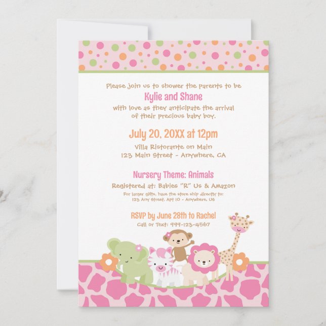 Wild Jungle Animals Baby Girl Shower Invitation Einladung (Vorderseite)