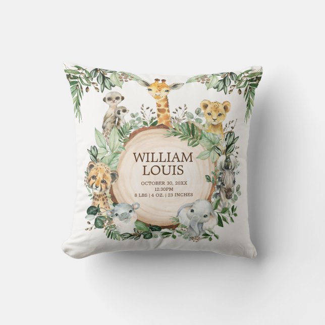 Wild-Jungle-Safari-Tiere Birth Stats Boy-Kinderzim Kissen (Vorderseite)