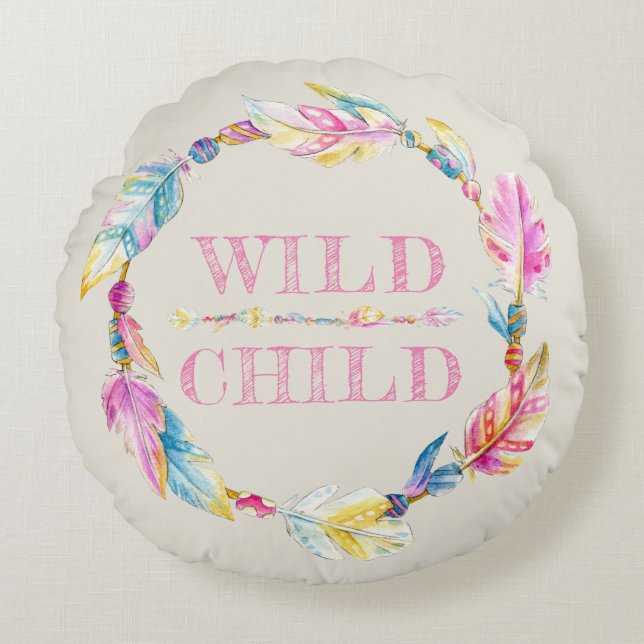 Wild kinderfarbenes Federkunstkissen Rundes Kissen (Vorderseite)