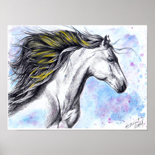 Wild laufendes Pferd Aquarell und Tinte Equine Kun Poster