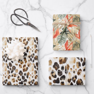 Wild Leopard Tier Floral Jungle Geburtstag Geschenkpapier Set