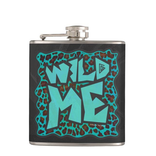 Wild Me Brown und Aquamarin Leopard Design Flachmann (Vorderseite)