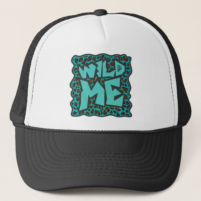 Wild Me Brown und Aquamarin Leopard Design Truckerkappe (Vorderseite)