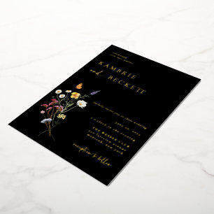 Wild Meadow Floral Wedding Black Folieneinladung