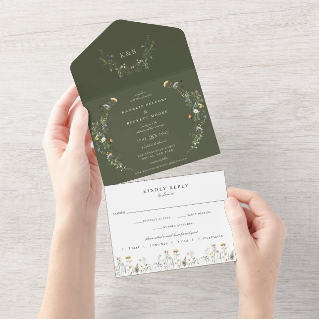 Wild Meadow Floral Wedding Olive Green All In One Einladung (Abreißen)