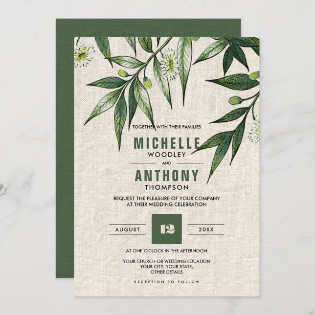 Wild Meadow | Grüne Botanische Burlap Wedding Einladung (Vorne/Hinten)