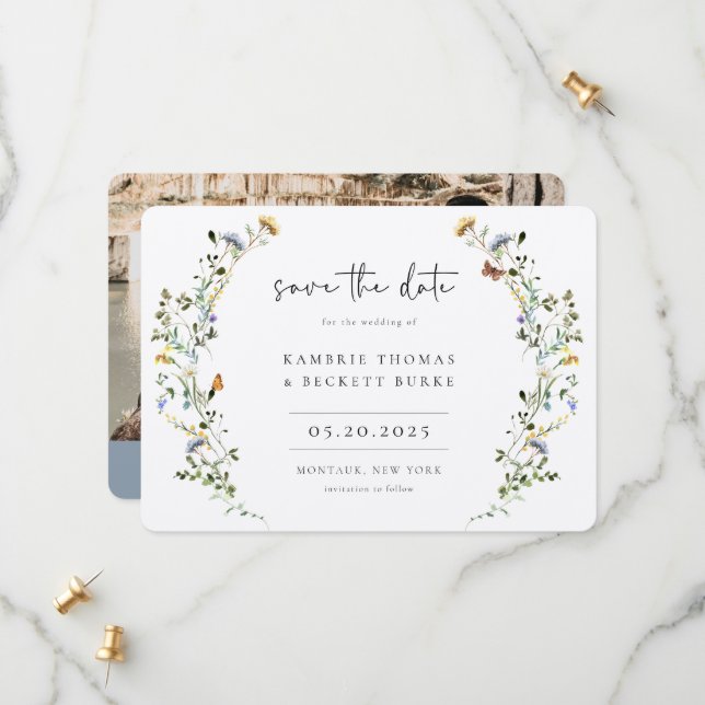 Wild Meadow Wreath Floral Foto Save The Date (Vorderseite/Rückseite Beispiel)